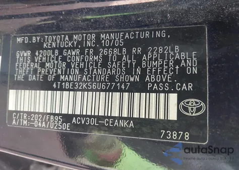 2006 Toyota Camry Le from USA, damaged, VIN 4T1BE32K56U677147